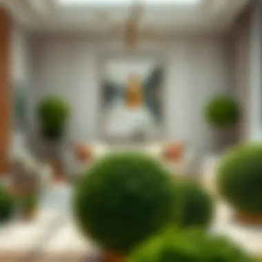 An elegant living room showcasing artificial topiary balls as decorative elements.