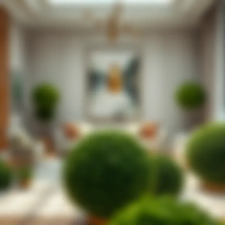 An elegant living room showcasing artificial topiary balls as decorative elements.