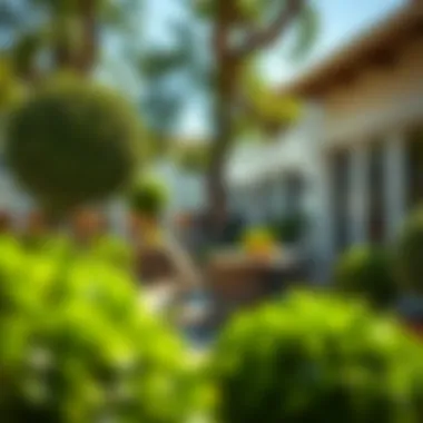 An outdoor patio setting enhanced by strategically placed artificial topiary balls.