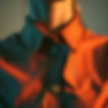 Close-up of asymmetrical button-up shirt design showcasing unique collar and button placement