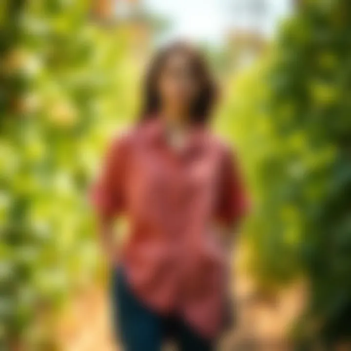 Sustainable Practices in Asymmetrical Shirt Production Sustainable fabric choices for asymmetrical button-up shirts showcased in a natural environment