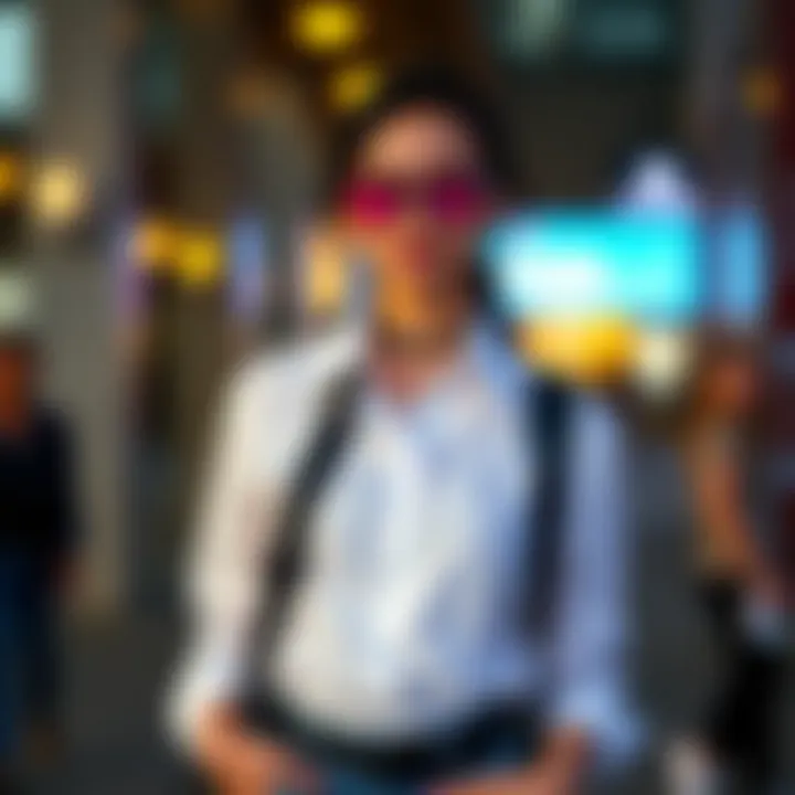 Stylish outfit featuring an asymmetrical button-up shirt paired with contemporary accessories