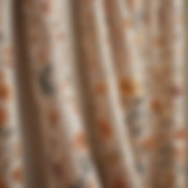 Close-up of the floral pattern on a beige shower curtain