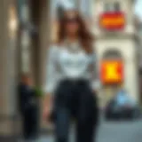 Chic belted paperbag pants styled with a tucked-in blouse and accessories