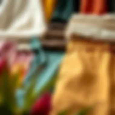 Sustainable fabric options for belted paperbag pants displayed in a textile sample arrangement