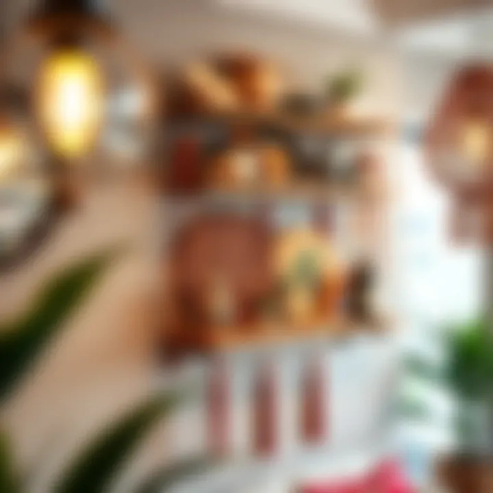 Eclectic hanging shelf showcasing unique decor items