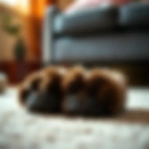 Cozy cat paw slippers on a plush carpet