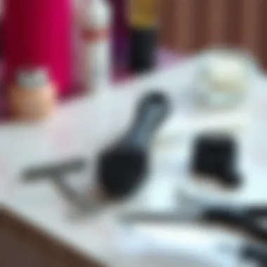 Maintenance tools for clip-in hair pieces on a stylish surface