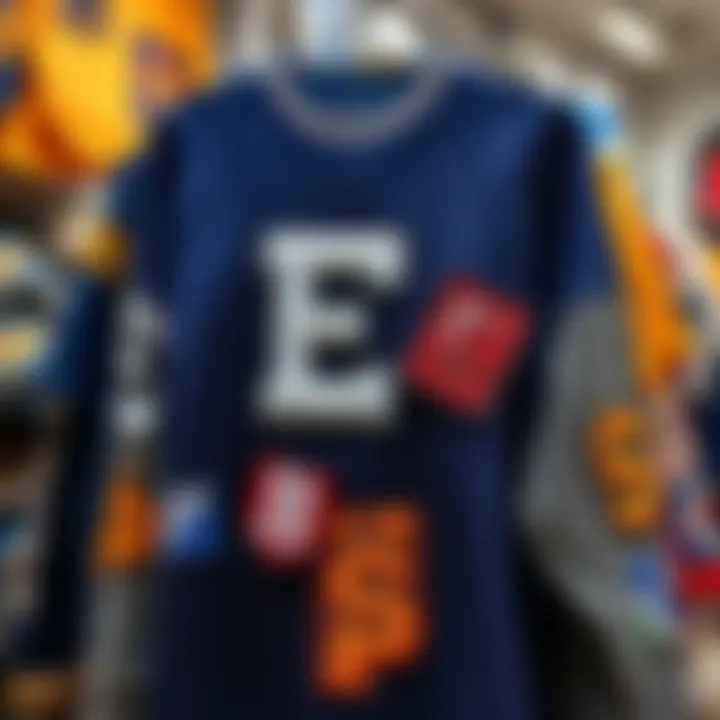 A display of branded clothing featuring customized letter patches