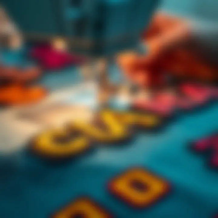 A close-up view of letter patches being sewn onto fabric