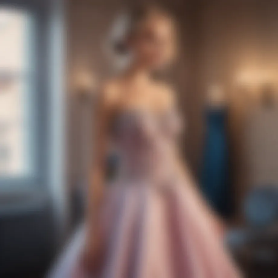 Elegant bandeau prom dress displayed on a mannequin in a chic boutique setting
