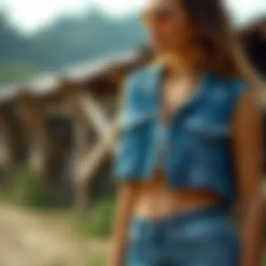 An eco-friendly cropped denim vest being showcased outdoors