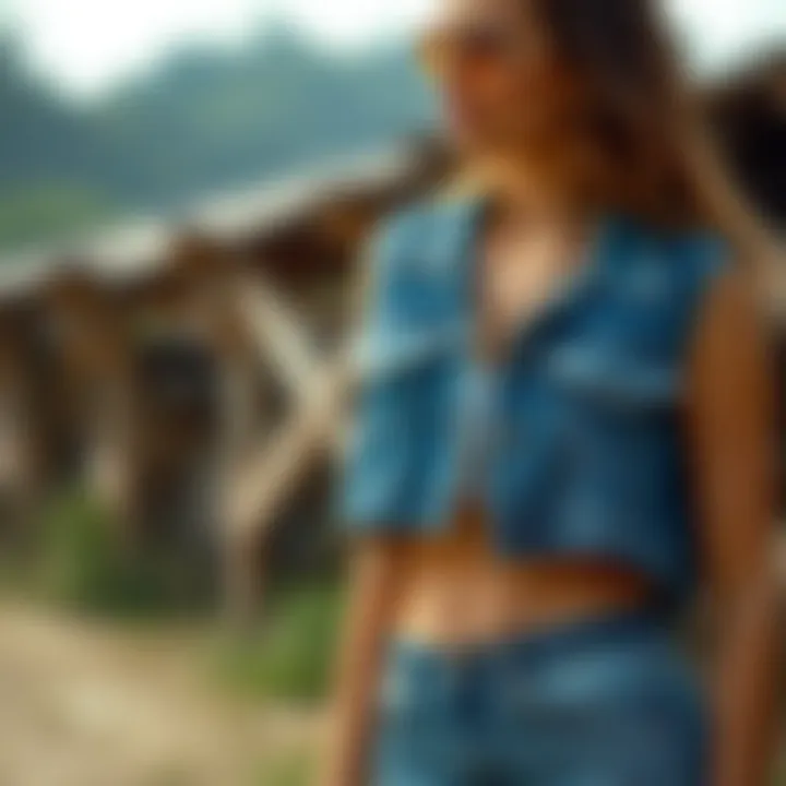An eco-friendly cropped denim vest being showcased outdoors
