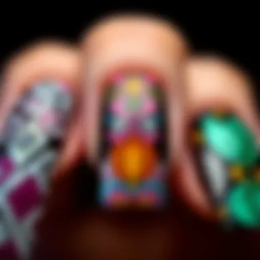 A close-up of unique nail design patterns on strips