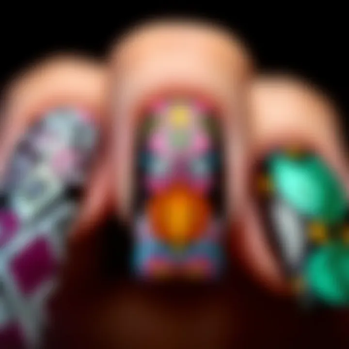 A close-up of unique nail design patterns on strips