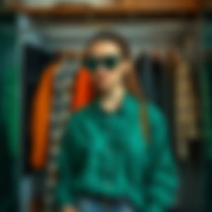 A modern wardrobe featuring various outfits with an emerald button-up shirt