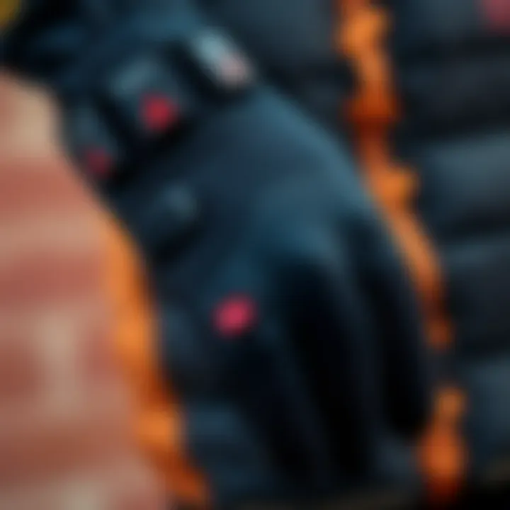 Detailed view of design features of neoprene gloves, including stitching and fit