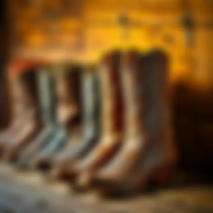 A selection of affordable western riding boots displayed on a rustic wooden background.