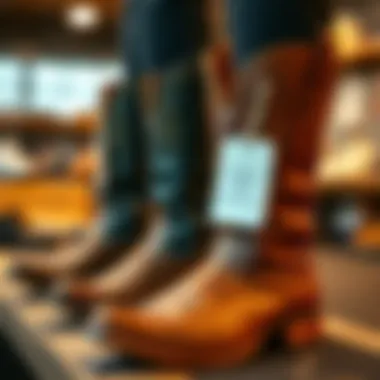 Ethically produced western riding boots with tags highlighting sustainable practices.