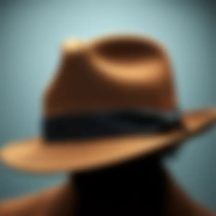 A close-up of a fedora hat made of fine wool with a decorative band