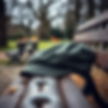 The Casual Charm of the Flat Cap A stylish flat cap lying on a rustic bench in a park