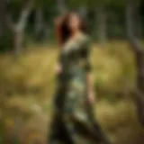 The Elegance of Camouflage: A Stunning Presentation Elegant camouflage long dress on a model in a natural setting