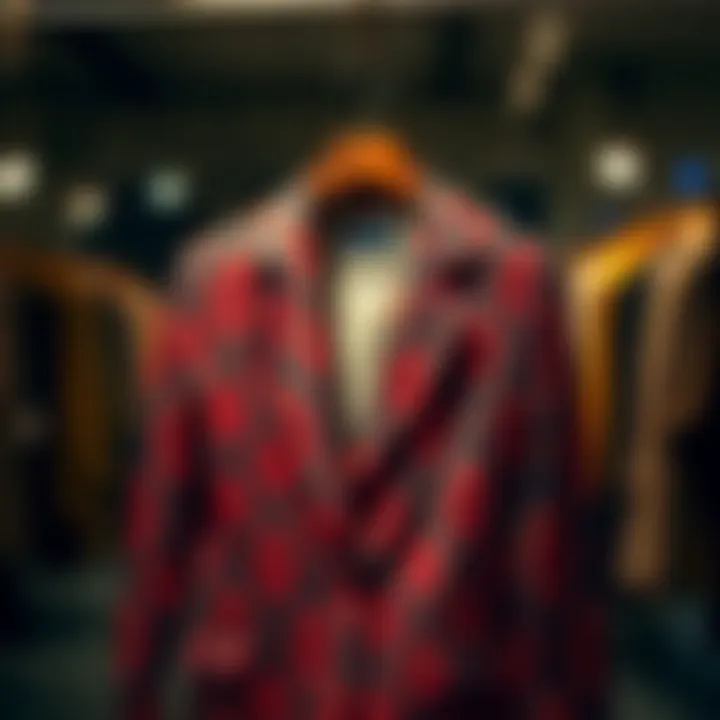 Tailored blazer with unique patterns showcased on a hanger