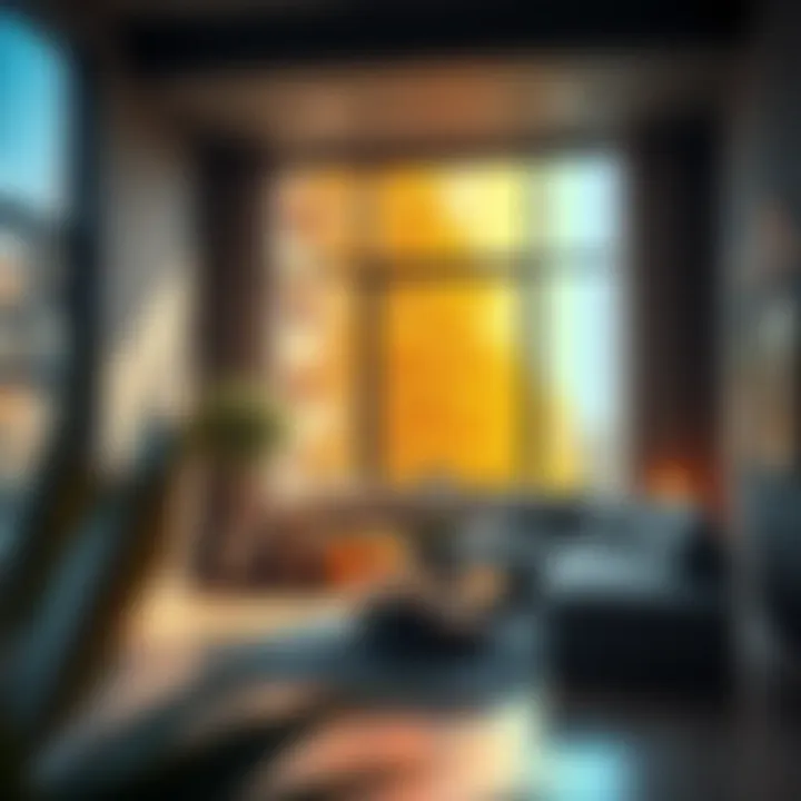 A contemporary living room featuring rainbow window film as a focal point