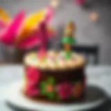 Colorful dollar store cake toppers on a beautifully decorated cake.