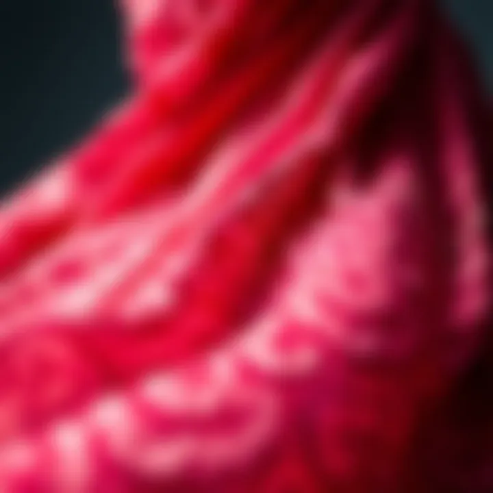 Close-up of intricate fabric patterns on a long dress