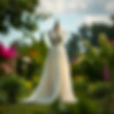 An elegant long dress displayed in a serene garden setting
