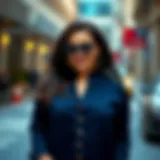 Elegant navy blue tunic featured in a stylish outfit