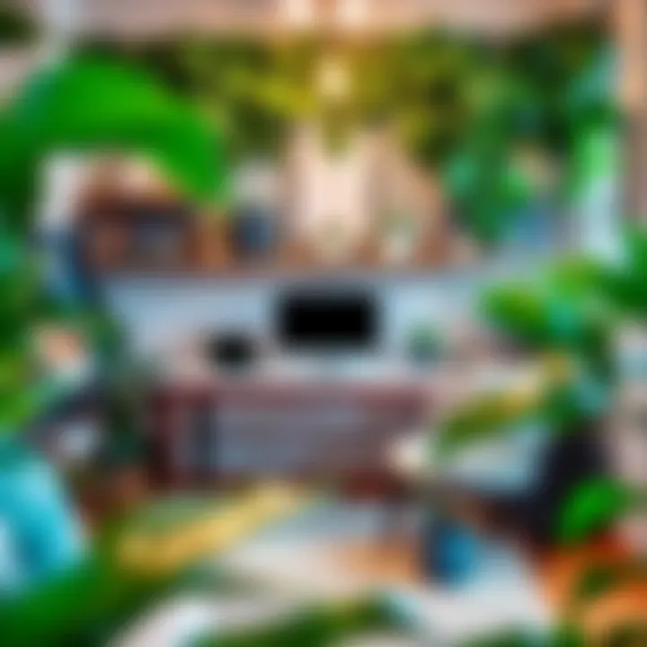 Stylish Workspace Adorned with Fake Leaves Stylish workspace adorned with fake leaves for a vibrant atmosphere