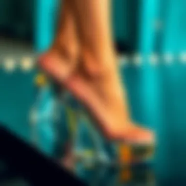Elegant design showcasing glass wedge heels.