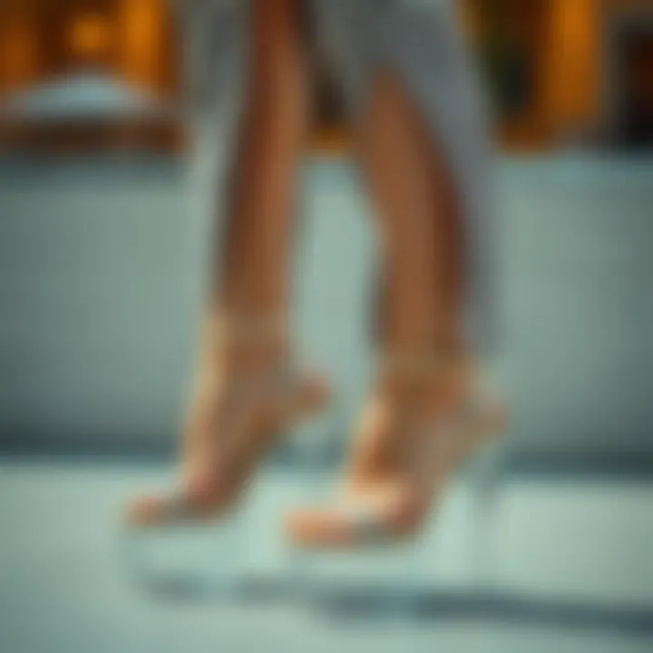 Fashionable outfit paired with glass wedge heels.