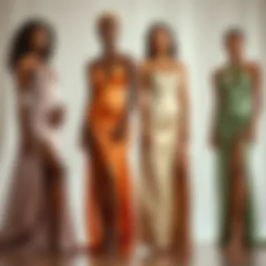 Diverse body types showcasing high slit satin dresses