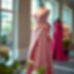 Elegant high slit satin prom dress displayed on a mannequin