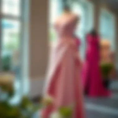 Elegant high slit satin prom dress displayed on a mannequin