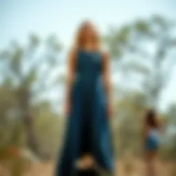 Elegant denim maxi dress showcased in a natural setting