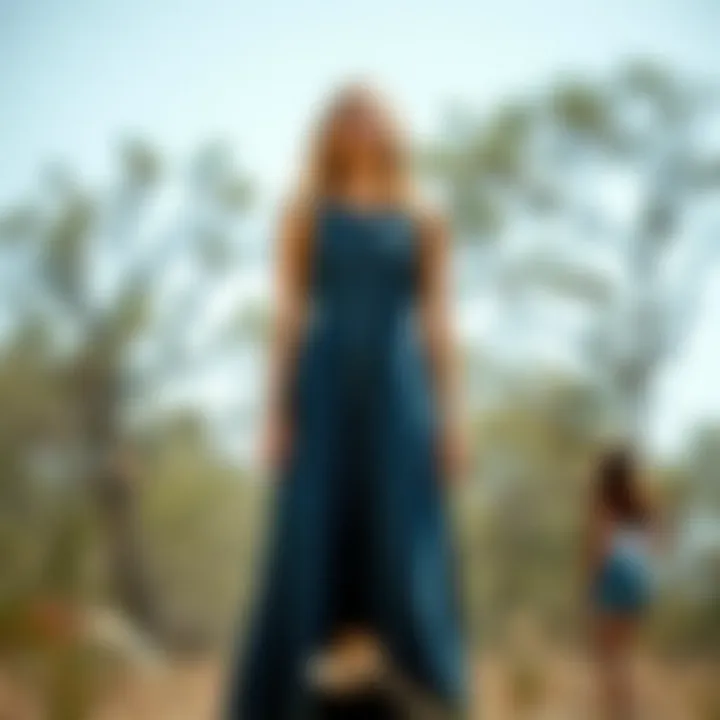 Elegant denim maxi dress showcased in a natural setting