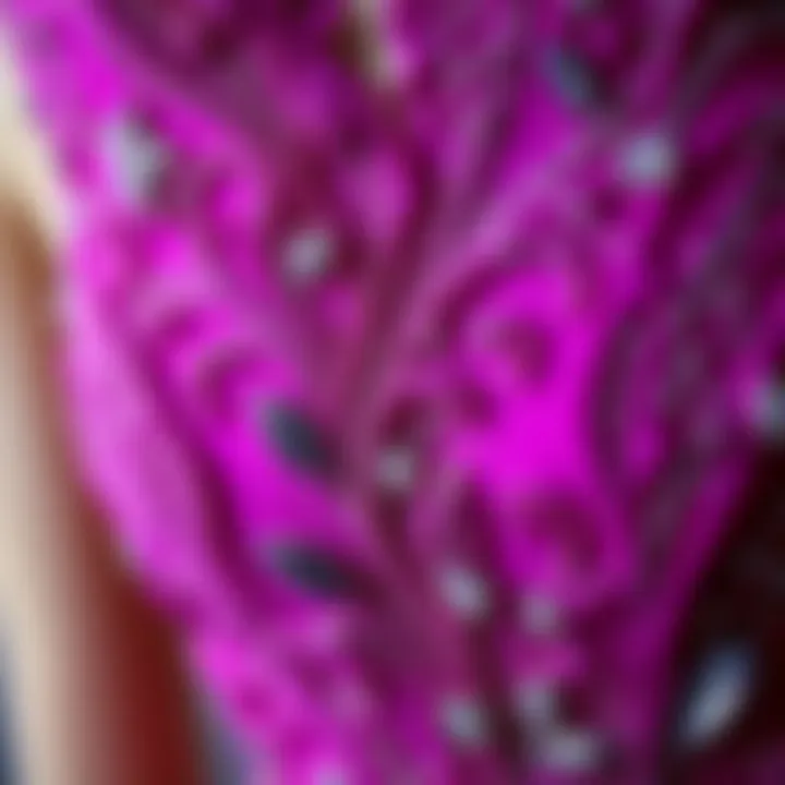 Close-up of intricate detailing on a magenta gown
