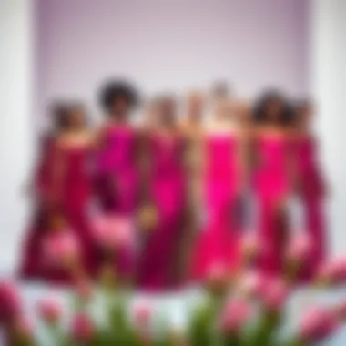 Group of diverse models showcasing magenta gowns