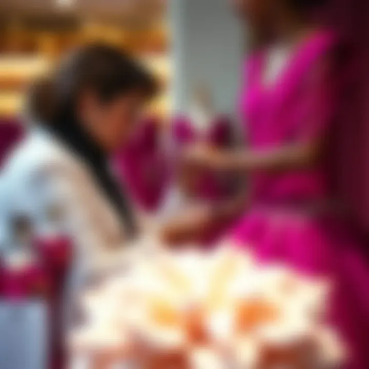 Fashion stylist arranging accessories with magenta gown