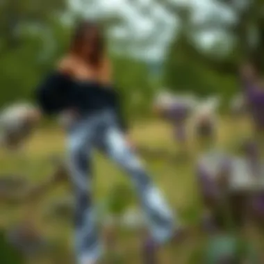 Marble Print Flare Pants in Nature Stylish outdoor setting highlighting marble print flare pants in a natural environment