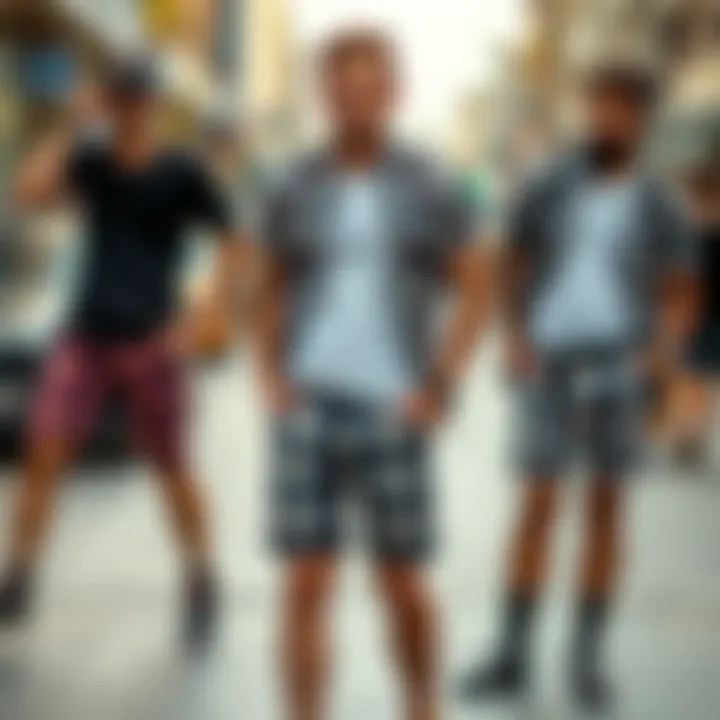 A dynamic outfit featuring plaid shorts in various styles.