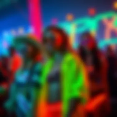 Group of stylish individuals wearing neon outfits at a festival