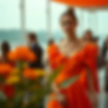 A scenic view of a vibrant orange dress at a fashion event