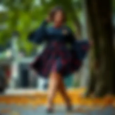 A model showcasing a plus-size Gryffindor skirt in a creative pose