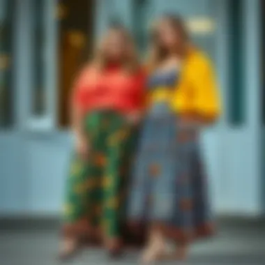Trendy Plus-Size Outfit Pairing A vibrant plus-size skirt paired with a trendy top, demonstrating current fashion trends.