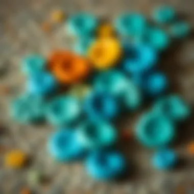 Artistic arrangement of handcrafted polymer clay disc beads on a textured surface